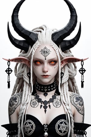 1 girl, full-body_portrait, (masterful), albino demon girl ,(white dreadlocks, decorated bra, detailed intricate symmetrical tattoos of symbols, patterns on her shoulders arms and upper chest, (long intricate horns), best quality, highest quality, extremely detailed CG unity 32k wallpaper, detailed and intricate, looking_at_viewer, goth person, white backdrop
