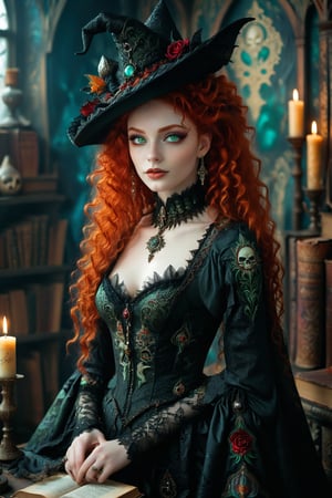1girl,Envision a beautiful rococo gothic witch. long big vivid red curly hair, detailed green eyes. dark gothic make-up. smooth perfect skin, beautiful full lips. she has a warm, welcoming smile. she is resplendent in a beautiful witch dress adorned with intricate gothic embroidery, with rich colors and luxurious fabrics. she wears a conical, pointy-tipped witch hat adorned with intricate gothic embroidery,  rich colors and luxurious fabrics. the detailed background is of her rococo witches lair of ancient leather books, spellbooks, potions, candles, crystal ball, skull. she is powerful and benevolent, a healer of the highest order. 