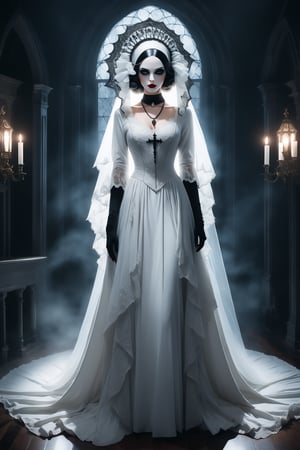 full body shot of a sexy beautiful woman dressed in a long elaborate white gothic gown, resembling ghostly figure. She is wearing a black veil on her head and a necklace, which adds to her eerie appearance. The woman's face is painted white, further enhancing the ghostly look. the detailed background is of a dark gothic mansion at night. The overall atmosphere of the image is mysterious and haunting.  very_high_resolution,  , designed by Ilya kuvshinov, aw0k nsfwfactory,  aw0k magnstyle,  danknis,    Anime,  IMGFIX