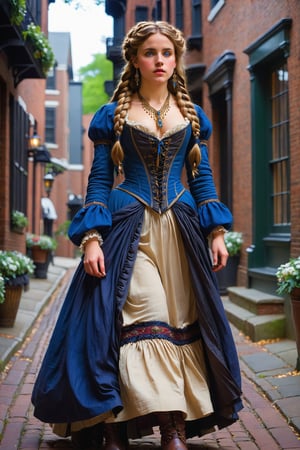 extreme long shot full body shot. by john william waterhouse, pre-raphaelite, a beautiful pre-raphaelite victorian, tall young woman walks down acorn street in boston, massachusetts usa at night. she has long blond curly hair in elaborate braids and buns and blue eyes. she wears an elaborate victorian outfit, long earrings, elaborate necklace, corset, long skirt, jacket, victorian black boots. john william waterhouse, pre-raphaelite, perfect female anatomy.