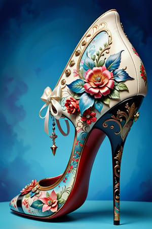 digital art, 8k,  picture of one high heel woman's shoe, decorated in Decoupage style, whimsical, side view of shoe beautiful, highly detailed, whimsical, fantasy,,more detail XL