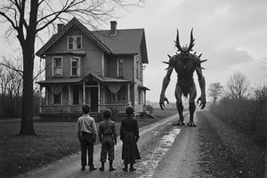 full body shot, a realistic b&w black and white photo from the early 1900's showing an old run down house, a large demonic being, entity about 9 feet tall, long hands, long fingers, with sharp claws, standing on the road next to the house looking scary and meanacing. three young children, about 3-4 feet tall, in dirty messy clothes, backs to viewer, are standing in front of the demon, waiting for instructions. cloudy day, dark sky, 