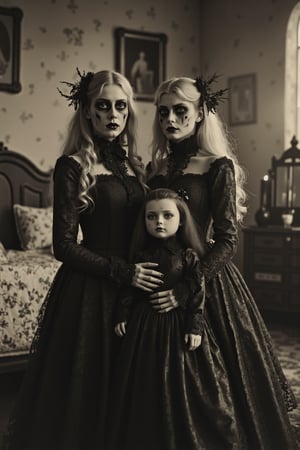 wide shot, a realistic, detailed, photograph portrait, b&w black and white sepia photo, two beautiful young gothic twins, elaborate victorian gothic dresses, long white hair, pale skin, elaborate dark gothic make-up are in their gothic bedroom standing next to their scary bjd doll witch doll dressed as a witch. black candle is lit. the atmosphere is eerie and strange.