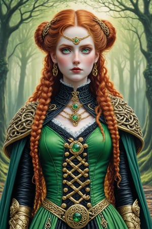 waist shot of Cartimandua, queen of the British Celtic Brigantes ad 51. a fusion of elaborate rococo, ancient english, english celtic gothic punk. she has long copper hair in elaborate braids and buns. she has round large big green eyes. light freckles on her face. she wears an elaborate ancient dress in colors of ivory, red, green, black, elaborate gold torc around her neck, black wool long cape fastened with a large gold celtic brooch. background outside at Swinton Druids Temple North Yorkshire, England perfect female anatomy, goth person, pastel goth, dal, Gaelic Pattern Style, waist shot