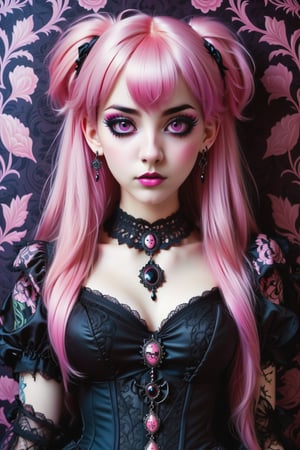 combine all of the below to make a beautiful gothic lolita young woman, pink hair, gothic make-up, wearing an elaborate gothic lolita inspired necklace, jewelry, long dangle earrings, sexy intricate corset, hayv kahraman style, background of vivid colorful intricate william morris wallpaper