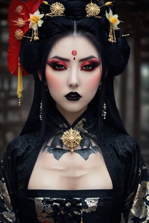 Highy detailed image, cinematic shot, (bright and intense:1.2), full body shot, dynamic pose, crisp, defined, HQ, detailed, HD, dynamic light & pose, motion, moody, intricate, 1girl, (((gothic geisha)) yellow iris detailed eyes, elaborate intense geisha make-up, black lipstick, dark gothic eye make-up, elaborate geisha hair  with gothic ornaments like pentagrams, black lace, chains, multiple piercings on ears, elaborate long dangle earrings, dark gothic geisha outfit, in black, lace, red, purple, colors, attractive, clear facial expression, emotional, hyperrealistic inspired by necronomicon art, fantasy horror art, photorealistic dark concept art, goth person, Extremely Realistic