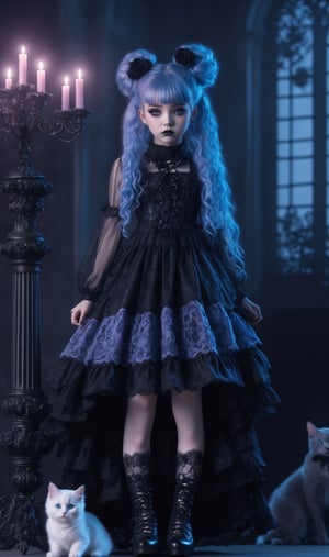 photorealistic concept art, 1girl,nordic Young girl, blue long hair, messy hair, elaborate hair, hair buns, elaborate outfit, black roses in hair, pastel gothic Fashion Girl,Grunge-Lolita Fashion, girly pastel lace blouse, high heel embroidered intricate boots,The ethereal glow, metallic accessories, and moody atmosphere create a mystical aura,
Gothic Lolita long lace Skirt, her look exudes dark glamour,natural volumetric cinematic perfect light,pastelbg,pastel goth, intricate background, candles, realistic cats walking around,