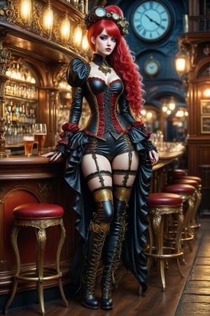 full body shot, side view a beautiful stunning steampunk woman, standing to the right side of a bar in a french pub bar at night. (((her outfit is a fusion of elaborate steampunk, rococo, luxurious fabrics in rich colors of gold, red, black))) thigh high brocade lace up boots. she has large, round eyes. straight long vivid colorful hair with fringe and bangs. perfect female anatomy, goth person, pastel goth, dal, Gaelic Pattern Style,