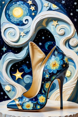 digital art, 8k, picture of a high heel woman's shoe, the shoe is inspired by The Starry Night oil painting by Vincent van Gogh, 1889, whimsical, side view of shoe beautiful, highly detailed, whimsical, fantasy, ,more detail XL