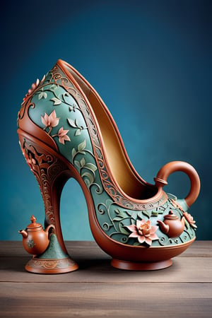 digital art, 8k,  picture of one high heel woman's shoe, made of Yixing clay, with a yixing teapot-style intricate pattern, whimsical, side view of shoe beautiful, highly detailed, whimsical, fantasy,,more detail XL