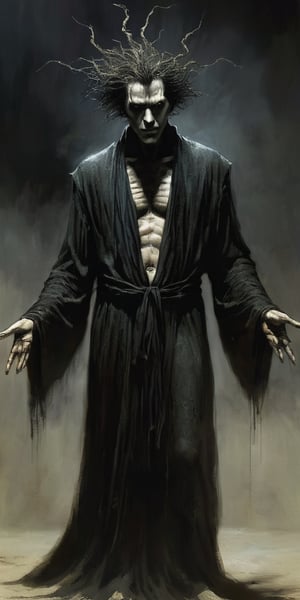 A dark and tantalizingly mysterious figure, Marvel comics' The Sandman is depicted with a richly gothic flair reminiscent of Clive Barker's style. This striking illustration of the character is a haunting painting, showcasing intricate details like flowing dark robes, shadowed features, and a sense of foreboding presence. The artistry in this image is top-notch, capturing the essence of The Sandman in a captivating and immersive way.