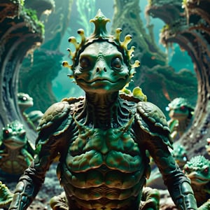 (highly detailed close photography), cinematic colors, texture, film grain, (an animorphic sea turtle woman:1.2), old wrinkled gray green skin, (wearing a queen crown:0.7), peaceful look, chunky figure, full round face, (large eyes:0.9), gray green, pearlescent clothing, standing on a desolated alien planet with lots of slimy looking tentacle like red plants :1.4), intricate, full body and legs and feet, extraterrestrial environment, good vibes, welcoming atmosphere, hyper detailed, vibrant colours, epic composition, official art, unity 8k wallpaper, ultra detailed, beautiful and aesthetic, masterpiece, best quality,alien,monster,fire, Teenage Mutant Ninja Turtles