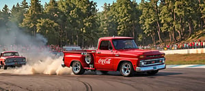 ( Coca Cola red 1966 Chevrolet C10 redesigned by Bob Riggle ), Generate an image of a Chevrolet C10 tearing down a drag strip, and the bystanders as the epic backdrop. The truck’s classic styling and the dynamic forest setting should evoke a sense of speed and adrenaline. best quality, realistic, photography, highly detailed, 8K, HDR, photorealism, naturalistic, lifelike, raw photo,H effect,real_booster,Comic Book-Style 2d