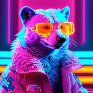 A wildly futuristic and technologically infused depiction of a animorphic Honey Badger in a neon cyberpunk setting. The Badger sports a pair of sleek mirror sunglasses and is adorned with headphones, presenting a mesmerizing juxtaposition of the natural and the artificial. This high-quality image, reminiscent of a digital painting, showcases the vibrant and vivid colors often associated with the cyberpunk genre. The Badger has a mullet and  fur that glows with luminous neon hues, reflecting the electrifying energy of its environment. The attention to detail is exquisite, capturing every strand of fur and reflecting the intricate patterns on the sunglasses. The image has a 80’s vibe with the edginess of a cyberpunk aesthetic, mesmerizing viewers with its artistic brilliance.