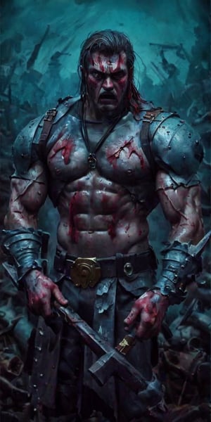 A menacing Charles "the Hammer" Martel, exuding power and aggression in every detail: his muscular frame adorned with battle scars, a fierce expression etched into his hardened face, and a bloodied warhammer clenched in his hand. This striking image is a vivid painting capturing the intensity of a fearless warrior in the midst of combat. The rich colors and intricate brushwork bring Martel to life with unparalleled realism, making it a masterpiece that demands attention and admiration.