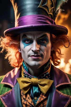 Close up portrait, Fighting action close-up shot of the Mad Hatter from the Batman Comics, wearing his iconic hat and costume , hyper detail, fierce facial expression, battlefield background, dramatic cinematic lighting, concept art, unreal engine 5, RTX, ray tracing, photorealistic