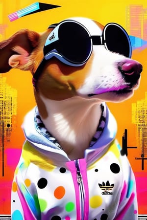 Mischievous soft brown floppy eared dog beagle Jack Russell mix DJ, has four distinct black freckles on snout, mostly white fur with black spots, wearing ADIDAS fashion Track suit and matching bucket hat, DJ Eye glass, headphones on head, hyper realistic, bird eye view, ultra-detailed, best quality,Movie Still, neon background, in club party