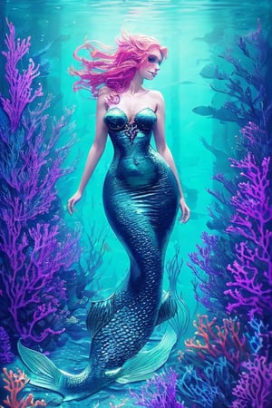 Create a visually striking image of a curvaceous mermaid shrouded in coral, with hints of runic symbols. Use a bold color scheme, blending deep purples, blues and mysterious greens to evoke a sense of intrigue and intellectual depth fantasy blending with realism and whimsy punk ethereal bioluminescence surreal  