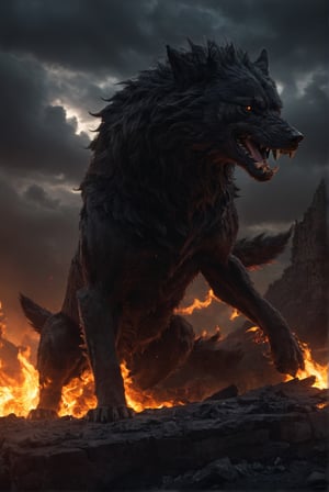 Colossal infernal Fenrir, very large and sinister. Terrifying. Mega angry. Dark and stormy background. Very detailed. Firestorm behind.