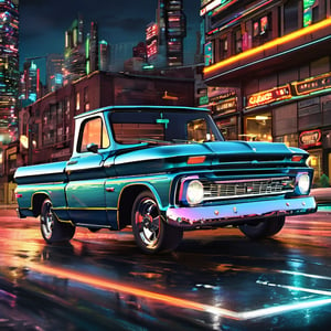 Generate a photorealistic depiction of a 1966 Chevy C10 stepside pickup speeding through a futuristic cityscape at night. Imagine vibrant neon lights reflecting off sleek, polished surfaces as the car races through illuminated streets. Capture the dynamic energy and sense of motion, blending realism with a touch of sci-fi flair.