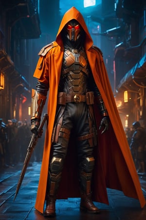 A crafty and menacing hobgoblin from Marvel comics Spider-Man universe is portrayed wearing a stunning orange leather hooded cape. This cape emits a captivating and entrancing brightness, creating an otherworldly glow that sets an eerie tone. The image, which is a highly detailed and masterfully crafted painting, showcases the hobgoblin's sly and cunning nature. The meticulous attention to detail highlights the impeccable quality of the artwork and enhances the impact of the hobgoblin's appearance.