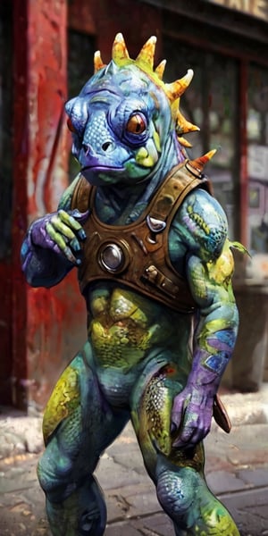 A shape-shifting anamorphic Chameleon human, meticulously depicted in the intricate, realistic style of Tom Clancy. The character is portrayed with stunning attention to detail, showcasing its ability to blend seamlessly into any environment. This hyper-realistic digital painting perfectly captures the essence of the Chameleon as a cunning and versatile antagonist. Every subtle texture and shadow is rendered with precision, creating a sense of depth and realism that immerses the viewer in the world of the Marvel universe. Vibrant colors and dynamic composition make this image a true masterpiece that will leave fans in awe of its lifelike portrayal.