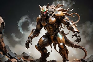Anthropomorphic alien wolf, bearded, with tentacles, with a scar in his right eye, translucent armor, rusted patina looking fur scales skin, in a battle pose , hide in the dark, with fog and only moonlight in the left side of his body, with wounds and scratches, musculated, Slender, Skinny, full body shot, wide Angle, octane render RTX, render, realistic render, cinematic lighting, muscular body, 