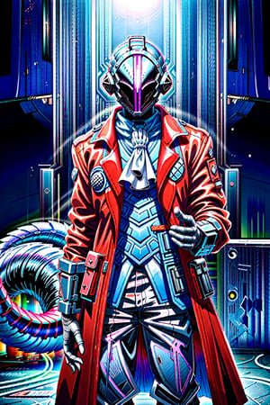 (masterpiece, best quality, ultra detailed), Cobra Commander, solo, gloves, long sleeves, black gloves, coat, ascot, helmet, black coat, whistle, whistle around neck, covered face, helm, tail, cyber glow bioluminescent punk peachfuzz Cobra Commander