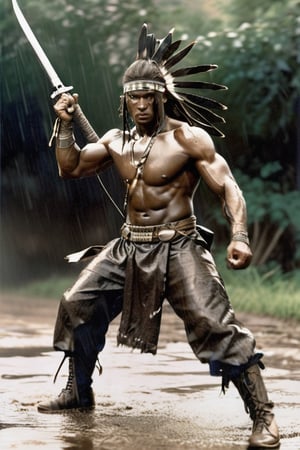 Apache warrior, Action, dynamic, under the rain, fighting_stance, fighting, dynamis angle, dynamic pose, wearing breecloths and leggings with the typical Apache attire, black theme, (((dark skin))), (masterpiece, best quality), serious, huge Apache war club, hyper realistic fine tuned manga illustration, inspiration from Charles Marion Russell, shintaro katsu,  ,stalker