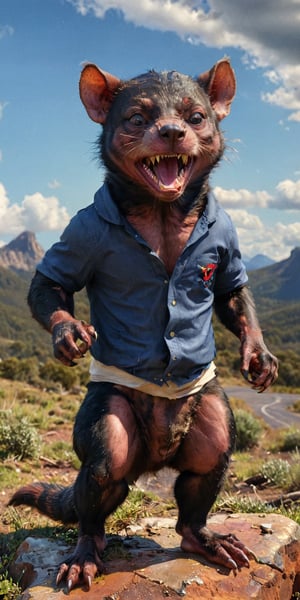 Generate a photorealistic full body portrait of Tasmanian Devil in his classic clothes but as if he was real, tornados, looking at the viewer, extreme realism, award-winning photo, sharp focus, detailed, intricate, art_booster,moonster