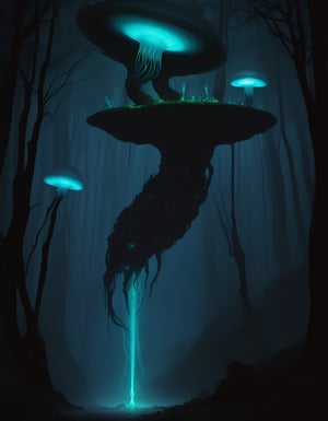 A pulp sci-fi horror, surreal scene emerges in this strikingly vivid image. At its center floats a radioactive glowing  single jellyfish shaped UFO, radiating dynamic colors in a intimidatinging display. Its long serpentine tentacles appear to defy gravity as it is hovering above a lush forest of trees. This masterfully detailed illistration brings to life the extrodinary movement of the UFO, from War of the Wolrds and style by H R Giger. The image, whether a painting, digital artwork, or photograph, intimidates with its otherworldly horror and impeccable execution, solo
