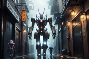 In a mysterious ethereal scene where a monstrous alien with a brain-like appearance and tentacle arms is operating the controls of a humanoid giant robot through a glass screen in its belly. The giant robot, controlled by the alien, is walking into an alleyway, creating a sense of mystery and intrigue.
