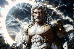 Zeus with lightning bolt Cinematic 8K hyper-realistic, stoic marble statue, Rome in the background, dark background, Greek mythology, colossal, illuminated by a radiant light, ultra detailed, is characterized by its extraordinary physical attributes and awe-inspiring presence..  Art,  Zeus 