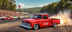 ( Coca Cola red 1966 Chevrolet C10 redesigned by Bob Riggle ), Generate an image of a Chevrolet C10 tearing down a drag strip, and the bystanders as the epic backdrop. The truck’s classic styling and the dynamic forest setting should evoke a sense of speed and adrenaline. best quality, realistic, photography, highly detailed, 8K, HDR, photorealism, naturalistic, lifelike, raw photo,H effect,real_booster,Comic Book-Style 2d