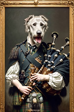 A dramatic portrait of a Irish Wolfhound dog, chill, happy, playing bagpipes, dressed in a traditional Irish kilt, dramatic lighting, emotional intensity, tenebrism, soft edges, oil on canvas, romanticism, realism, chiaroscuro, by Rembrandt, by van dyke