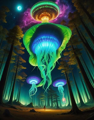 An ethereal, surreal scen emerges in this strikingly vivid image. At its center floats a radioactive glowing  single jellyfish shaped UFO, radiating dynamic colors in a intimidatinging display. Its long tentacles appear to defy gravity as it is hovering above a lush forest of trees. This masterfully detailed illistration brings to life the extrodinary movement of the UFO, from War of the Wolrds. The image, whether a painting, digital artwork, or photograph, captivates with its otherworldly horror and impeccable execution, solo,