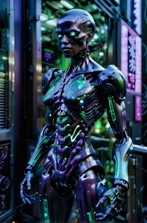 A Black, purple ,green, and blue undertone cyborg with major organs biomechanically controlled. hyper futuristic pulp style in Tokyo, smoke, night-time, in Tokyo city, hyperrealism, thunderstorm, hyperrealism, long shot, motion blur bioluminescent punk 