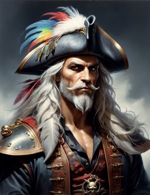 head and shoulders portrait, anthropomorphic Hybrid bird manticore pirate animal oni, wearing pirate clothing, tricorn hat, multi colored feathers, oil painting, thin and smooth lines, long strokes, light and delicate tones, clear contours, cinematic quality, dark background, dramatic lighting, by Jeremy Mann, Peter Elson, Alex Maleev, Ryohei Hase, Raphael Sanzio, Pino Daheny, Charlie Bowater, Albert Joseph Penot, Ray Caesar, highly detailed, hr giger, gustave dore, Stephen Gammell, masterpiece of layered portrait art, techniques used: sfumato, chiaroscuro, atmospheric perspective