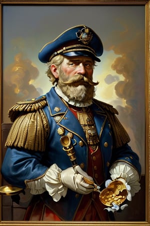Captain Crunch, the mascot for the cereal, is depicted as a naval captain. He wears a blue captain's hat, a red jacket with gold trim, and a white frilly collar. His mustache and beard are iconic, and he holds a pipe. The character has a distinctive and memorable appearance. dramatic contrasts between light and dark, emotional intensity, tenebrism, soft edges, oil on canvas, realism, Dutch Golden Age, impasto, by Rembrandt van Rijn, by Rembrandt