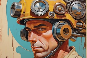 a painting in style of of a mechanic, reddish and yellowish background, the head in the foreground ni blueish colors 