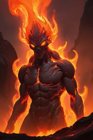 An alien, is engulfed in molten lava, their body completely covered in the fiery rock. The lava flows around them like a living cloak, its intense heat radiating outwards. Their eyes glow with a fiery intensity, and their hair is aflame with the heat of the lava. They are a fearsome sight to behold, a true embodiment of the power of fire.,more detail XL