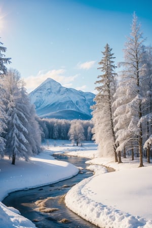 Landscape photos,Winter,whimsical landscape, Narnia, Vikings, the mountain,realistic photo,breath taking, sharp lense, professional photographie, 70mm lense, detail love, good quality, unreal engine 5, wallpaper, colerful, highly detailed, 8k, soft light, photo realistic, leafs of snow, 