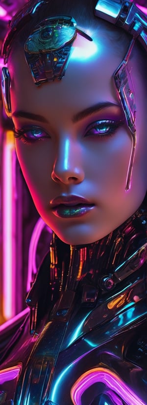 A close-up shot of a sensual Atompunk girl, showcasing her cybernetic enhancements and alluring beauty. Her metallic skin glistens under the soft glow of neon lights, and her eyes sparkle with an otherworldly allure. The image is captured in a vibrant, hyper-realistic style, reminiscent of the works of Simone Legno and Hiroto Mori