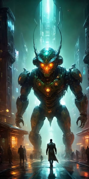 
In a mysterious ethereal scene where a monstrous alien with a brain-like appearance and tentacle arms is operating the controls of a humanoid giant robot through a glass screen in its belly. The giant robot, controlled by the alien, is walking into an alleyway, creating a sense of mystery and intrigue.