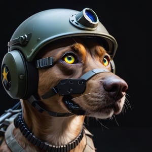 Closeup  portrait Photo of a dog soldier wearing army helmet, night vision , robotic parts, detailed robotic led light eyes, natural light 