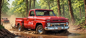 (1 truck, Coca Cola red 1966 Chevrolet C10 redesigned by Ed Big Daddy Roth), Generate an image of a Chevrolet C10 tearing through a dense forest during a rally race, with mud splattering, leaves flying, and the vibrant greenery as the epic backdrop. The truck’s classic styling and the dynamic forest setting should evoke a sense of speed and adrenaline. best quality, realistic, photography, highly detailed, 8K, HDR, photorealism, naturalistic, lifelike, raw photo,H effect,real_booster,Comic Book-Style 2d