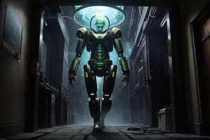 In a mysterious ethereal scene where a monstrous alien with a brain-like appearance and tentacle arms is operating the controls of a humanoid giant robot through a glass screen in its belly. The giant robot, controlled by the alien, is walking into an alleyway, creating a sense of mystery and intrigue.
