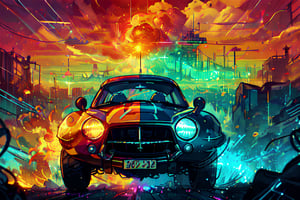A digital illustration portraying an AAR Plymouth Cuda, inspired by Crash Bandicoot, with exaggerated, vivid colors and distorted proportions. In the style of digital illustration, channeling the energy of Yoko Honda, depicting the collision with a playful and surreal twist. The color temperature is vibrant and contrasting, intensifying the impact, with cartoonish facial expressions reflecting shock and surprise. The lighting is dramatic, emphasizing the fiery aftermath, creating a whimsically catastrophic atmosphere.

300 DPI, HD, 8K, Best Perspective, Best Lighting, Best Composition, Good Posture, High Resolution, High Quality, 4K Render, Highly Denoised, Clear distinction between object and body parts, Masterpiece, Beautiful face, 
Beautiful body, smooth skin, glistening skin, highly detailed background, highly detailed clothes, 
highly detailed face, beautiful eyes, beautiful lips, cute, beautiful scenery, gorgeous, beautiful clothes,car,CyberpunkWorld