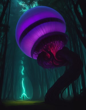 A pulp sci-fi horror, surreal scene emerges in this strikingly vivid image. Miami coastline floats a radioactive glowing  single jellyfish shaped UFO, radiating purple metallic colors in an intimidatinging display. Its long serpentine tentacles appear to defy gravity as it is hovering above a lush forest of trees. This masterfully detailed illistration brings to life the extrodinary movement of the UFO, from War of the Wolrds and style by H R Giger. The image, whether a painting, digital artwork, or photograph, intimidates with its otherworldly horror and impeccable execution, solo