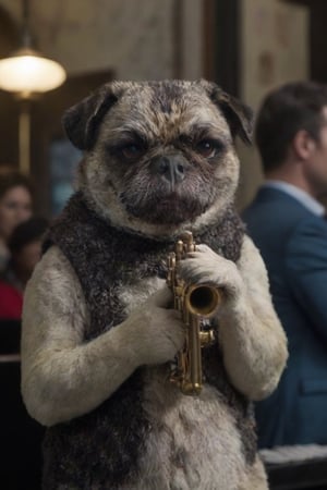 Cinematic photo of an anthropomorphic Pug humanoid body, playing a Jazz trumpet, looks like Lois Armstrong, movie poster, great detail, hyper-realistic. 35mm photography, film, bokeh, professional, 4k, highly detailed, Cnd